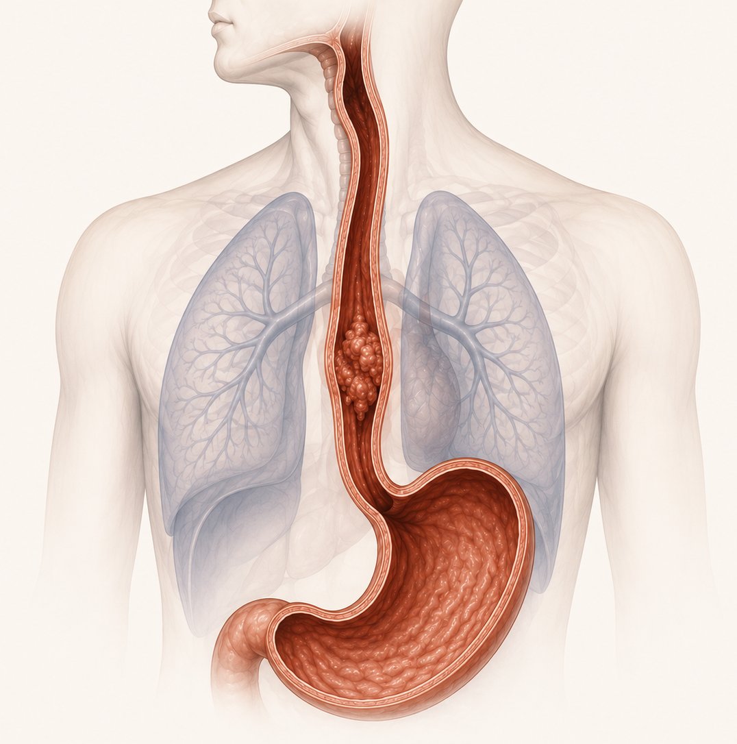 Illustration of the esophagus and stomach, showing the pathway a cancer diagnosis is built around.